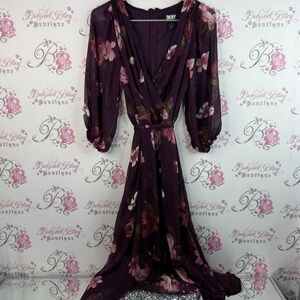 DKNY dress flowers bubble sleeve flowy long style Dark Purple Floral Maxi Dress
